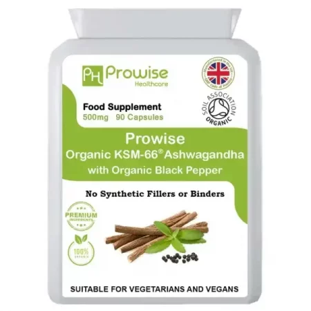 Organic Ashwagandha KSM-66® with 5% Withanolides 90 Vegan Capsules added with Black Pepper | Certified Organic by Soil Association