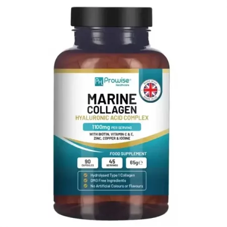 Marine Collagen with Hyaluronic Acid - 90 Capsules Boosted with Hyaluronic Acid, Vitamins C, E, B2, Biotin, Copper, Zinc and Iodine